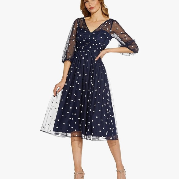 Adrianna Papell Navy Sheer Polka Dot Midi Dress - Picture 2 of 3